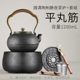 龙颜堂日本进口铁壶煮茶炉电陶炉煮茶器泡茶壶铸铁壶煮茶烧水壶泡茶专用 平丸筋 1.2L+圆满静音电陶炉