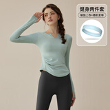 佑游瑜伽服女运动速干衣长袖健身T恤秋冬上衣发带二件套J33428Y绿色L