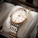 ROCOS品牌超薄弧面男士手表男表全自动机械表简约夜光防水钢带男表 金色白面钢带  男表