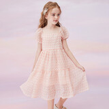 森林与孩子女童连衣裙夏装中大童薄款泡泡袖网纱裙 橙色 140 