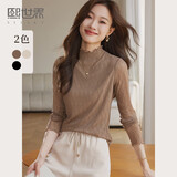 熙世界肌理蕾丝打底衫女2024秋冬新款花边半高领内搭长袖T恤上衣 布丁卡其 XL