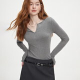 范思蓝恩秋季V领套头百搭长袖针织T恤女秋季2024新款通勤修身针织衫上衣 高级灰 XL
