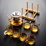 瓷牌茗茶具（cipaiming teaset） 透明玻璃茶具整套套装家用功夫茶壶茶杯会客泡茶器 透明八骏壶6彩把杯+梯形杯架