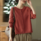 衣瑾帛社针织衫女开衫秋季文艺范棉线毛衣外套女宽松长袖针织外套女外穿 锈红色 均码
