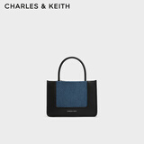 CHARLES&KEITH拼接牛仔手提包帆布托特包包女包生日礼物CK2-30701396 Denim Blue深牛仔蓝色 M