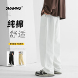 杉努裤子男士秋冬季加绒纯棉黑色直筒宽松阔腿休闲长裤 白色 XL