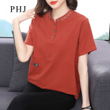 PHJ 短袖T恤女夏季新款洋气中年女士时尚显瘦减龄立领绣花上衣 橙色 XL