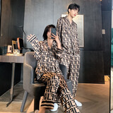裴珂黛克（pinkdackeb）双ff冰丝情侣睡衣女春夏长袖时尚洋气男士家居服薄款套装 卡其色 女L码(110-130斤)