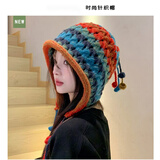 娆蝶日系小众手工针织帽韩国彩色流苏毛球挂绳毛线帽网红护耳保暖帽子 橘红色（粗织） 56-5cm