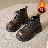 达芙妮厚底马丁靴女秋冬季加绒短靴2025新款棕色复古英伦风增高靴子女鞋
