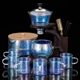 正扬懒人泡茶神器玻璃自动茶具套装家用磁吸整套功夫茶杯茶壶三件套盘 自动(七彩楼阁)6焕彩+竹盖茶洗