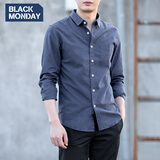 BLACKMONDAY纯棉长袖衬衫男秋季新款韩版修身免烫纯色商务休闲男士衬衣 烟灰蓝（有领扣） L (175)