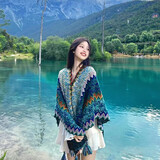 鑫豪睿2025新款云南民族风披肩西藏旅游厚针织流苏复古开衩空调房围巾女 海蓝