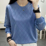 纤芸沐针织衫女春秋季女装毛衣打底衫女休闲时尚拼接雪纺袖缕空上衣女 蓝色 XL