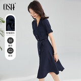 欧莎（OSA）气质职业连衣裙子女夏季新款中长款收腰显瘦正装衬衫裙子 藏蓝色 L
