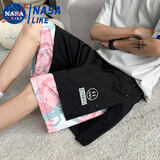 NASALIKE七分裤男假两件篮球排扣裤夏季日系大码运动潮牌腰果花裤休闲裤男 H67黑色五′裤 笑脸 3XL