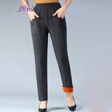 婉荷冬装中老年女裤冬季加绒加厚棉裤妈妈装条纹加绒长裤老人奶奶装直筒裤休闲裤加厚保暖外穿冬 灰色条纹3XL