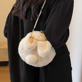 沐霓毛绒绒包包女春秋百搭2025新款小众设计链条斜挎包手提毛毛小圆包 兔叽毛毛包【 米白20*5*20】