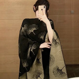 娆蝶加厚双面大披肩男女四季时尚暗黑民族风披肩开叉斗篷秋冬保暖围巾 银杏叶-黑金拼色-双面大披肩