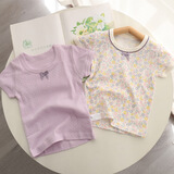 印品棉棉屋2件装夏季日系中小儿童装半袖上衣纯全棉a类女童宝宝短袖t恤外穿 纯色紫碎花短袖2件装 100