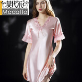 莫代尔新款睡衣女士夏睡裙短袖冰丝连衣裙性感蕾丝薄款家居服大码睡衣女 306款淡粉色冰丝 2XL 码 推荐140~160斤