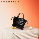 CHARLES&KEITH仿油蜡皮抽绳手提单肩托特包包女包生日礼物送女友CK2-30151421 Black黑色 S