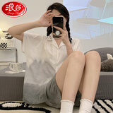 浪莎高级感睡衣女夏季精梳棉短袖开衫套装可外穿网红风薄款小众家居服