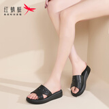 红蜻蜓拖鞋女夏季厚底坡跟罗马凉拖女软底皮面一字拖鞋WTK240741黑色37