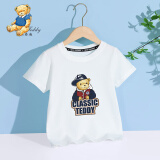 Classic Teddy精典泰迪童装儿童t恤男女童短袖T恤薄款半袖宝宝衣服夏装洋气上衣 棒球帽子熊织标短袖白色 120cm