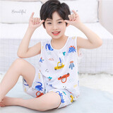 儿童睡衣夏季薄款棉绸夏天背心套装男童夏装绵绸宝宝人造棉家居服 无袖短裤白底车 80号建议穿120cm