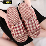 圣布奇室内穿的布底拖鞋夏四季日式布艺布底布拖鞋女木地板静音无声软底 女浅红格 38-39 女