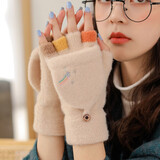 原谅色韩版半指手套冬季骑行保暖防寒女生可爱露指毛线学生写字翻盖手套 卡其色