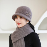 红蜻蜓中老年人帽子女士冬季加绒保暖妈妈奶奶老太太兔毛针织防寒毛线帽 兔毛混纺·W2411卡其色帽子+围巾 均码高弹