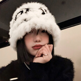 妙奕嘉醒狮兔毛帽子女秋冬季针织帽毛线帽保暖渔夫帽毛绒冷帽滑雪冬帽 醒狮毛绒帽