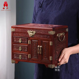 蝉庐红木大红酸枝中式多层珠宝饰品收纳盒结婚礼品复古雕花化妆镜箱子 血檀雕花百年好合首饰盒(中)