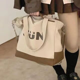 QUEEN TRIP帆布大包斜挎百搭大学生上课单肩包通勤大容量托特包简约手提袋子 SUN米白卡其拼色【有内衬可斜挎