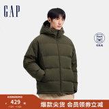 Gap男装2024秋冬新款徽章logo抽绳立领连帽羽绒服纯色外套677652 墨绿 165/88A(S) 亚洲尺码