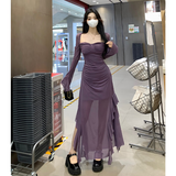 西儿气质辣妹风绝绝紫方领连衣裙女荷叶边拼接显瘦开叉气质包臀长裙 紫色连衣裙 L