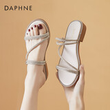 达芙妮凉鞋女舒适粗跟水钻装饰凉鞋时尚两穿拖鞋低跟沙滩鞋女鞋 米色 35