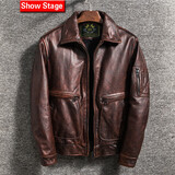 Show Stage复古石磨做旧头层牛皮真皮皮衣男士翻领夹克潮流机车服外套上衣 棕色 M