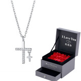 心草S999足银十字架项链女欧美短款锁骨链冷淡风嘻哈吊坠520情人节 白金色+玫瑰花礼盒