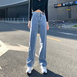 自由探戈高腰阔腿裤牛仔裤女2026秋季宽松直筒小个子显瘦拖地裤有加绒选 浅蓝色(九分) M