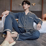 韩彩睡衣男秋季薄款纯棉抽条男士长袖开襟家居服套装 灰蓝 3XL 