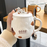 茶花谷马克杯带盖勺可爱猫咪猫抓陶瓷杯女生高颜值手机支架ins风杯子女 白色猫抓杯+不锈钢勺