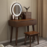 林洲梳妆台实木60梳妆桌日式北欧原木80化妆桌卧室化妆柜收纳简约现代 80cm胡桃色+凳子【圆镜带灯】 组装