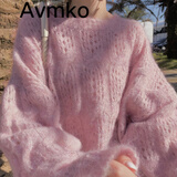 潮牌Avmko毛衣新款马海毛毛衣女韩版宽松百搭显瘦套头长袖慵懒风圆领镂空薄款针织衫 奶玉粉 混色 均码
