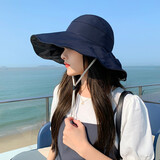 啄木鸟帽子女夏大沿防晒太阳帽韩版时尚百搭帽遮脸遮阳渔夫帽 蓝色【配防风绳】