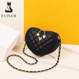 FOXER金狐狸桃爱心形链条包包女 新款时尚百搭牛皮单肩斜挎包 黑色1A