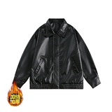 7家优品夹克男秋季港风复古pu皮潮流宽松休闲皮衣外套翻领纯色百搭上衣 GMFS-B1黑色【加绒】 L