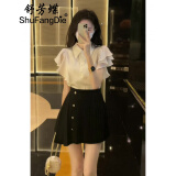 舒芳蝶（shufangdie）连衣裙女装2025夏季新款收腰Polo领小飞袖上衣高腰显瘦半裙套装女 白色上衣+黑色半裙 M